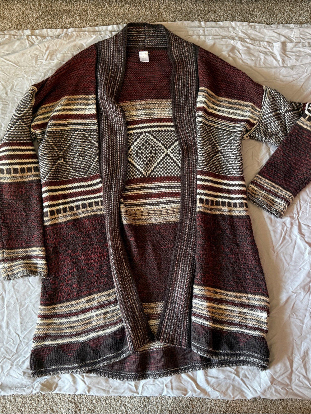 Striped Open-Front Cardigan Sweater - Burgundy, Cream, Brown